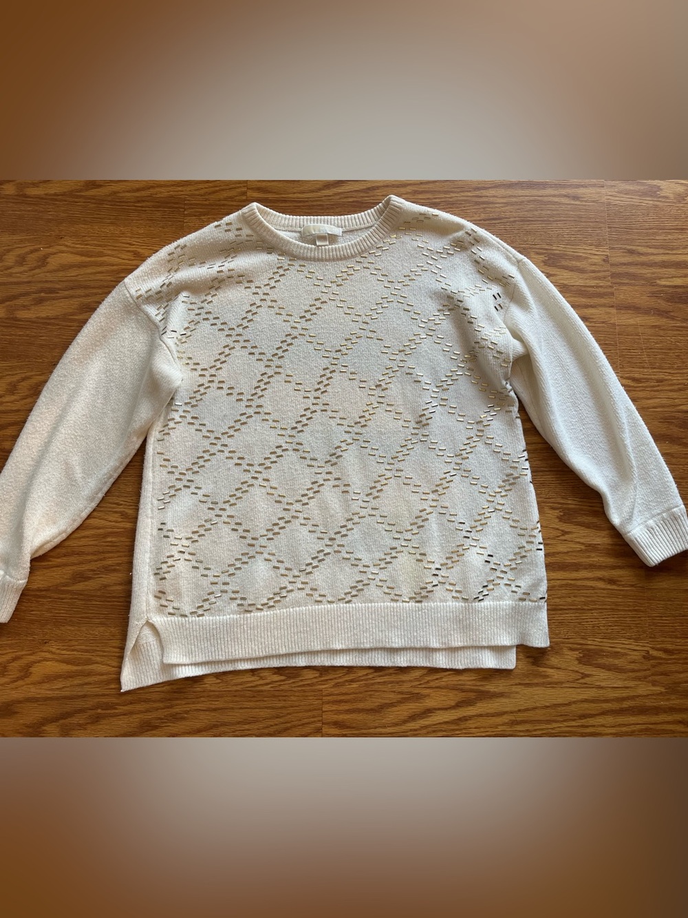 Michael Kors Cream Crewneck Sweater with gold metal studs diamond pattern